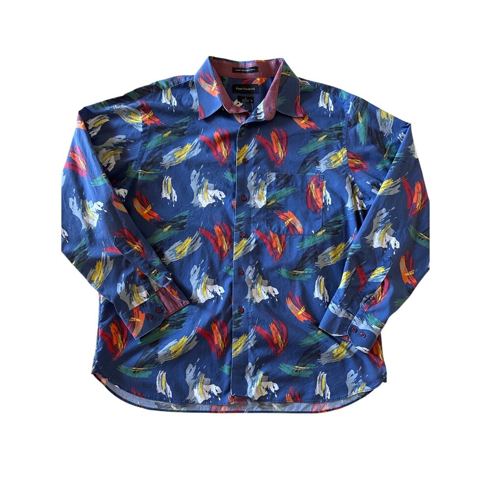 Paul Fredrick Mens XL Blue Abstract Print Long Staple Cotton Button Down